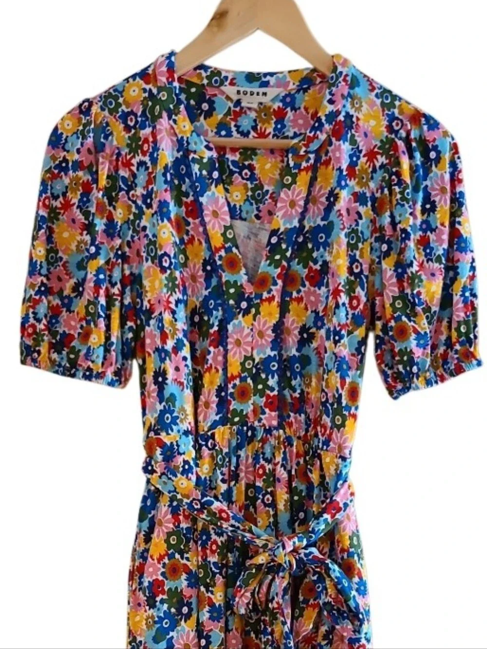Boden Sofia Trim Jersey Midi Dress Floral Pink Multicolor Belred Waist Pockets - Picture 4 of 16